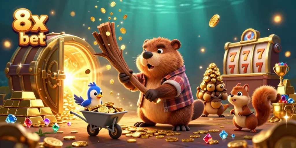 Experience the thrill of 8x bet in a vibrant 3D casino scene filled with gold and splendor.