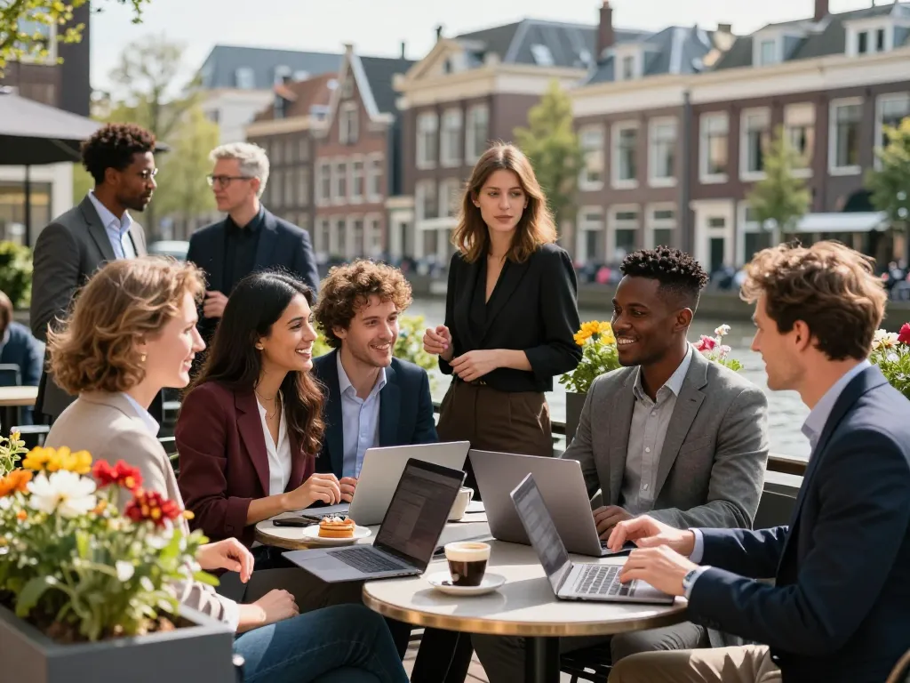 Bedrijven in Utrecht netwerken in een café met laptops, koffie en verse gebakjes.
