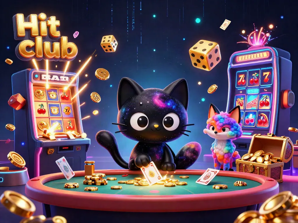 Hit club cosmic casino scene featuring black hole cat and nebula fox collecting chips and cards amidst vibrant gaming elements.
