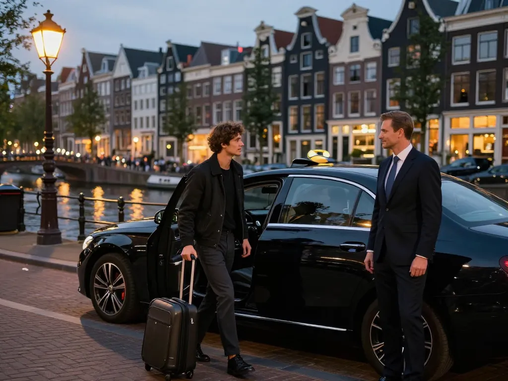 Luxe taxi Amsterdam ervaring met een stijlvolle reiziger die uit een Mercedes-Benz stapt bij schilderachtige grachten.