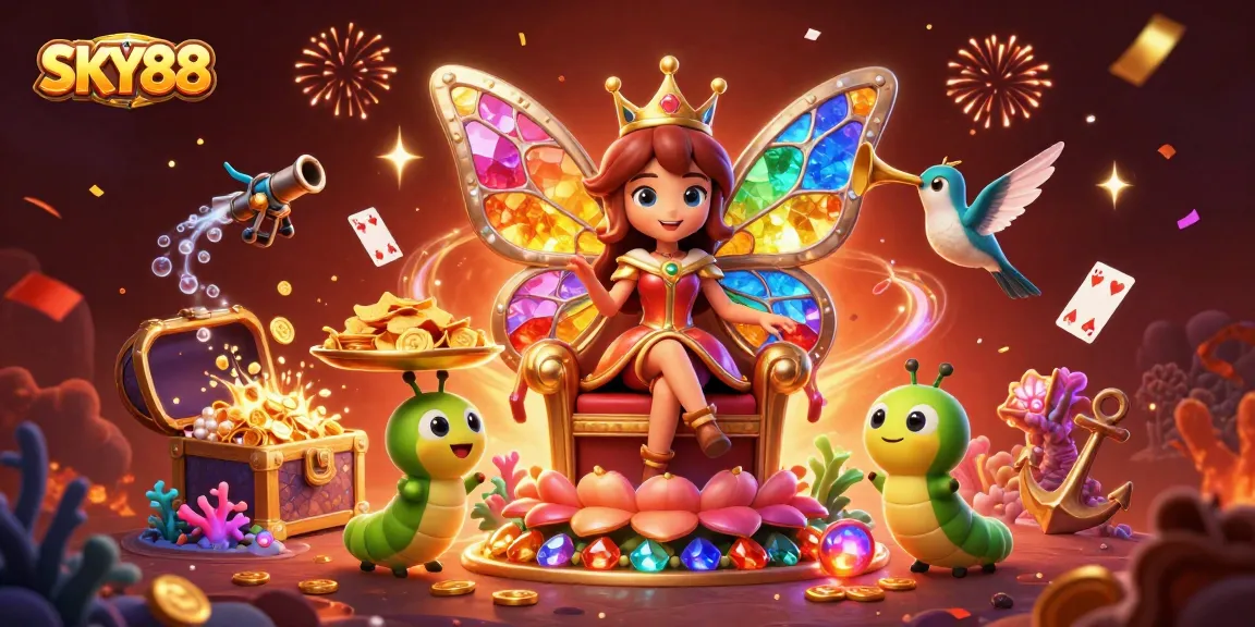 Engage with thrilling casino elements featuring SKY88 with vibrant characters and joyful gaming ambiance.