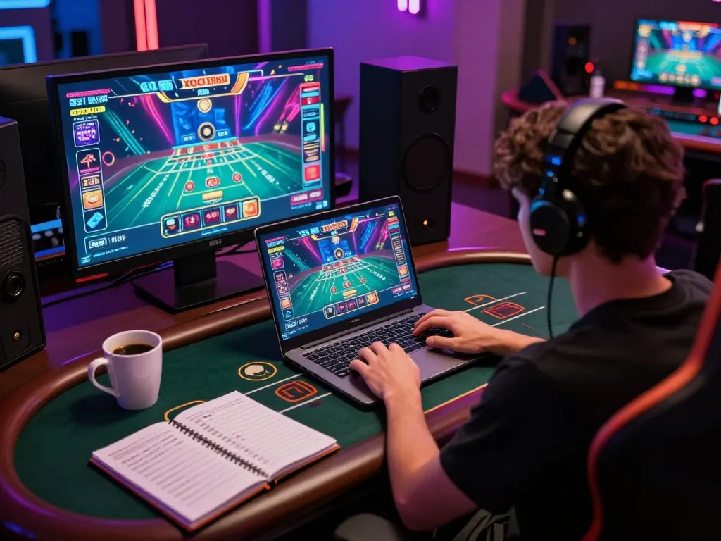Xocdia88 online gaming setup with user engaging in live dealer game, showcasing excitement and strategy for players.
