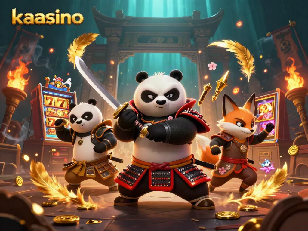 Kaasino - Play slots with the fierce samurai panda and ninja fox in an action-packed casino scene.