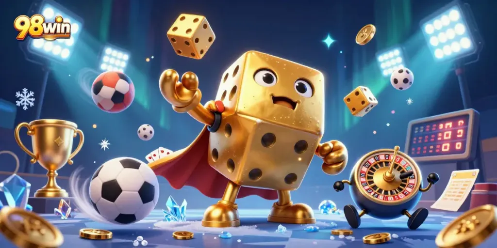 Engage with 98win's golden dice avatar and dynamic sports elements in this captivating casino illustration.