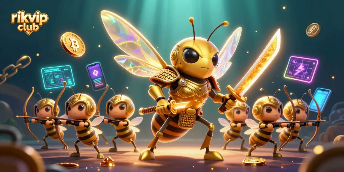 Experience the excitement of rikvip club with a vibrant 3D scene featuring golden hornets and crypto elements.