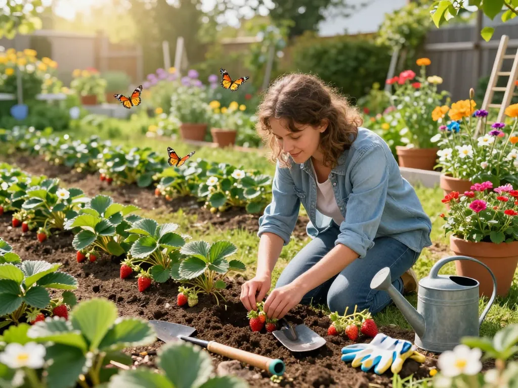 A gardener joyfully planting aardbeienplanten kopen in a sunny home garden filled with vibrant blooms and tools.