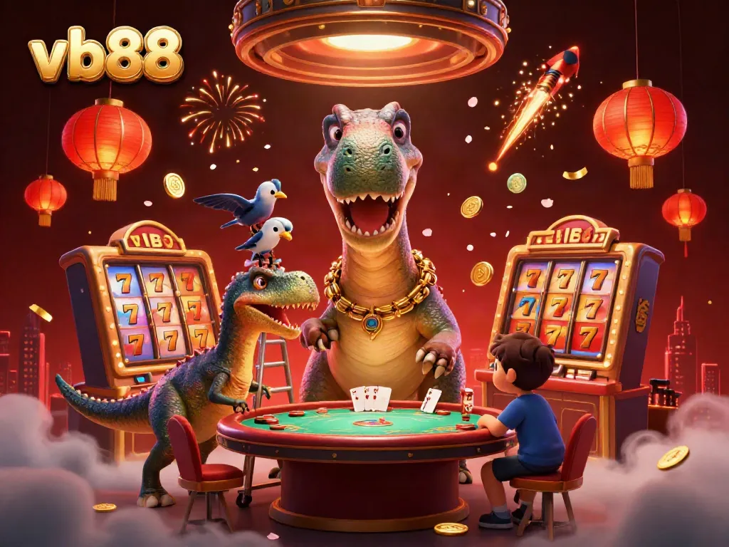 Experience the dynamic gaming scene at vb88 with a towering brontosaurus, raptor dealer, and jackpots.