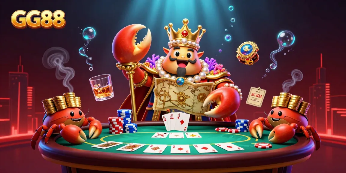 Engaging GG88 casino illustration with a golden crab emperor and poker elements in a vibrant scene.