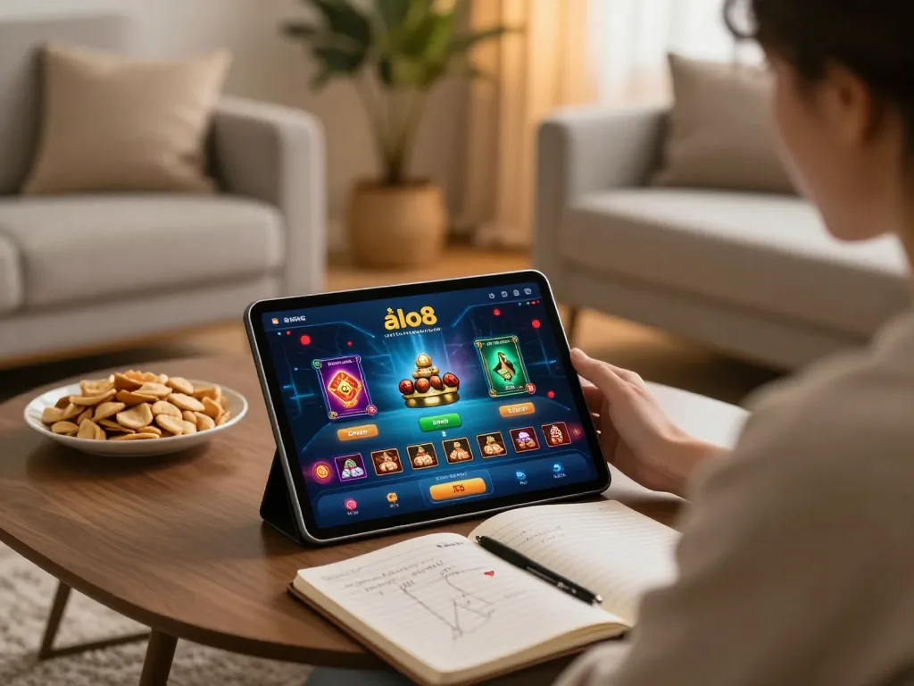 Engaging with the nhà cái alo8 app in a cozy setting, demonstrating responsible online gaming.