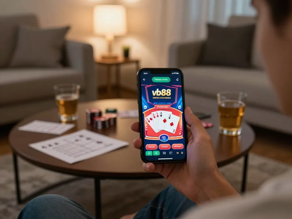 Engaging moment of player using vb88 mobile app for casino gaming while relaxing at home