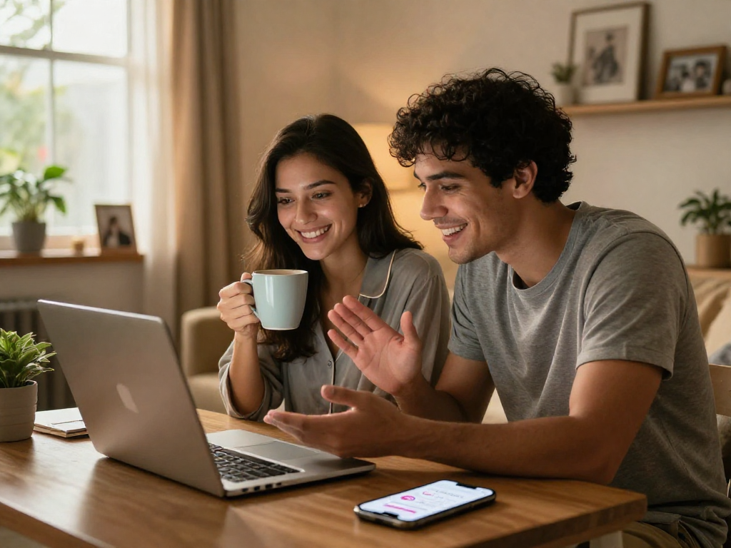 Couple video chatting on f168dating, showcasing modern dating interactions in cozy home.