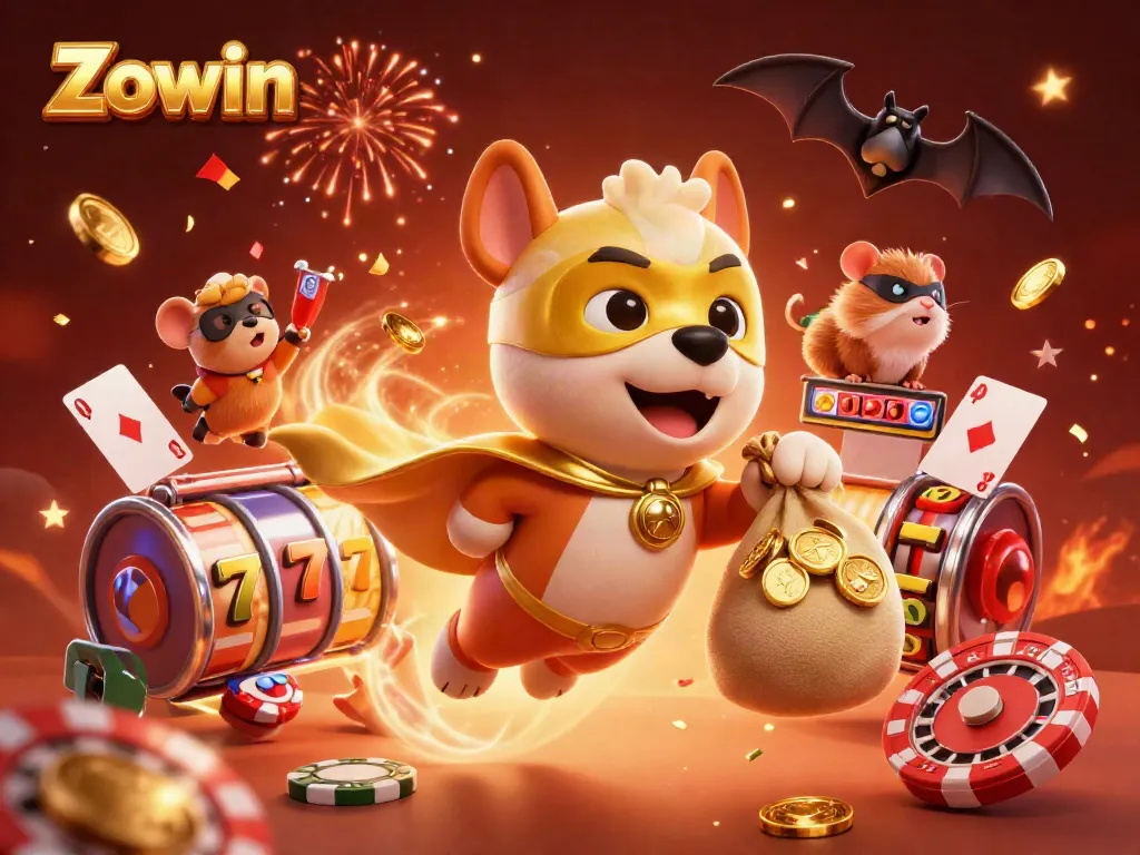 Experience thrilling gameplay at Zowin with colorful 3D characters and casino elements in vibrant illustration.