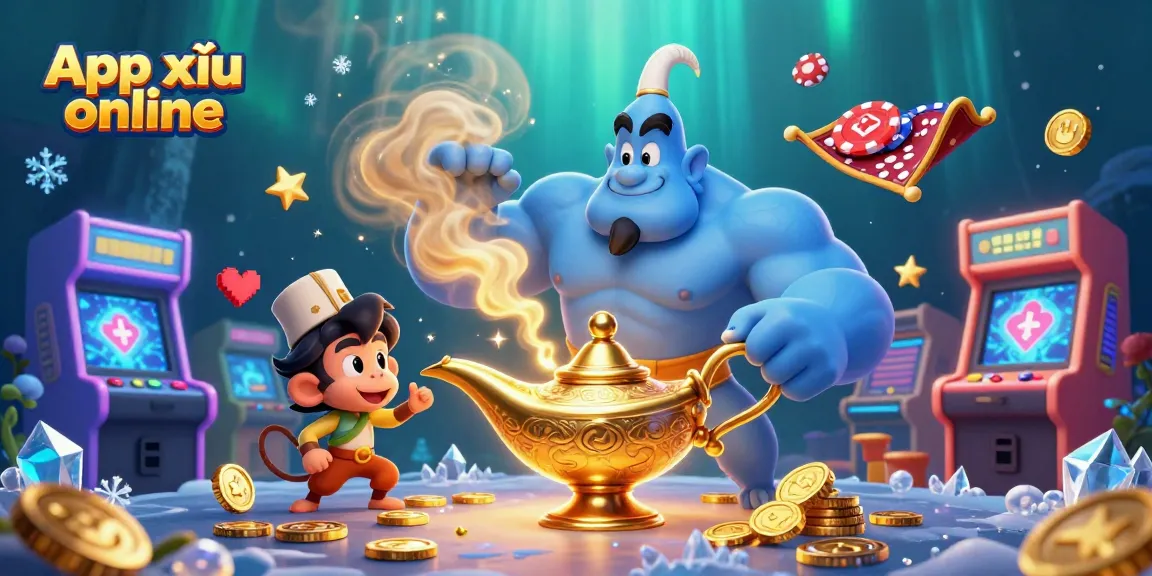 Engage with the App tài xỉu online using captivating genie and poker-themed imagery.
