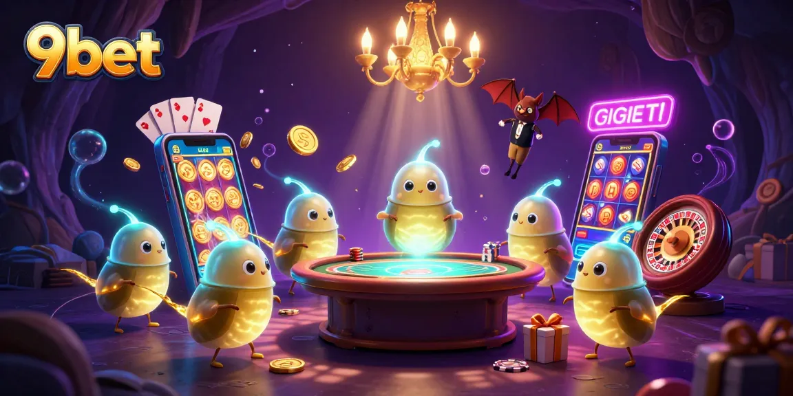 Experience the vibrant excitement of 9bet with glowworms illuminating a colorful cave casino scene.