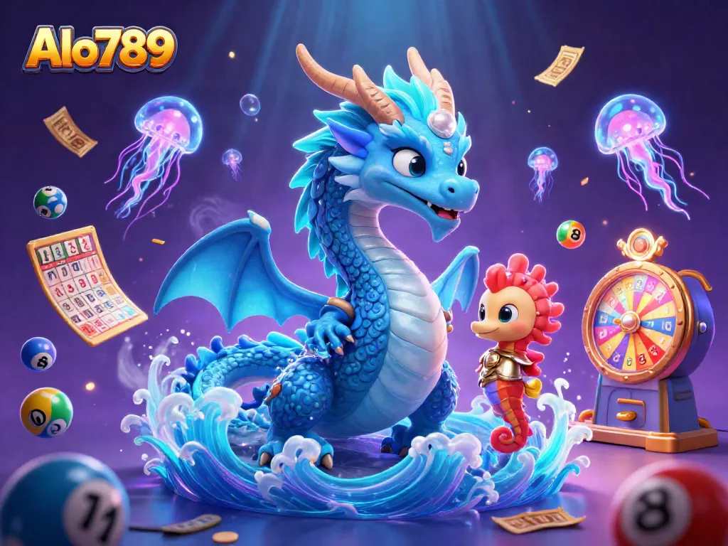 Alo789 offers thrilling gameplay with a vibrant underwater illustration featuring a dragon, seahorse knight, and dynamic lottery balls.