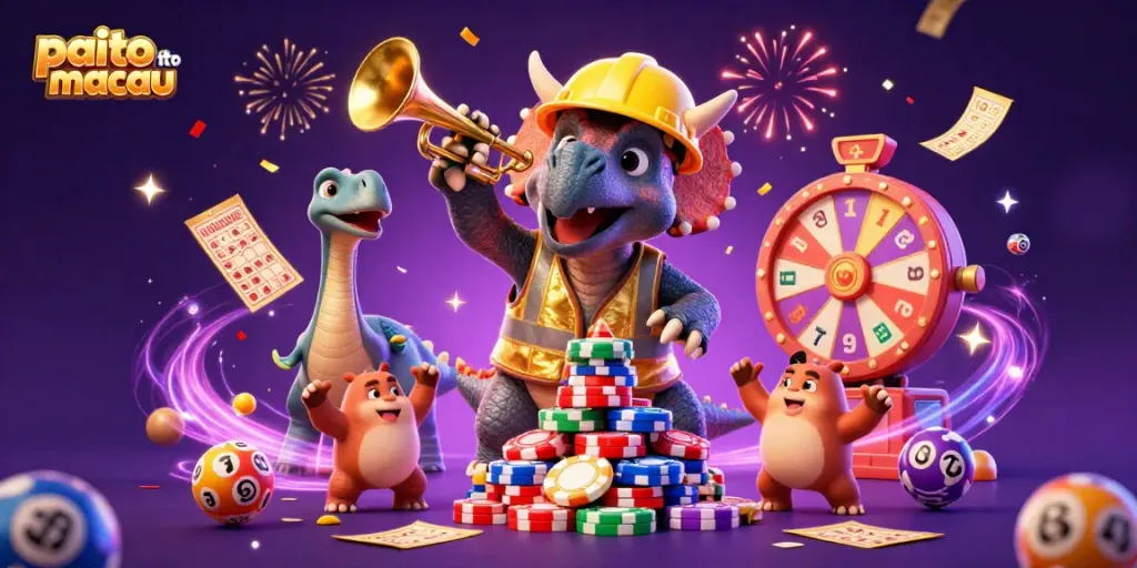 Ilustrasi 3D kartun meriah dengan paito toto macau, dinosaurus dan bola lotere berwarna-warni, berisi keberuntungan.