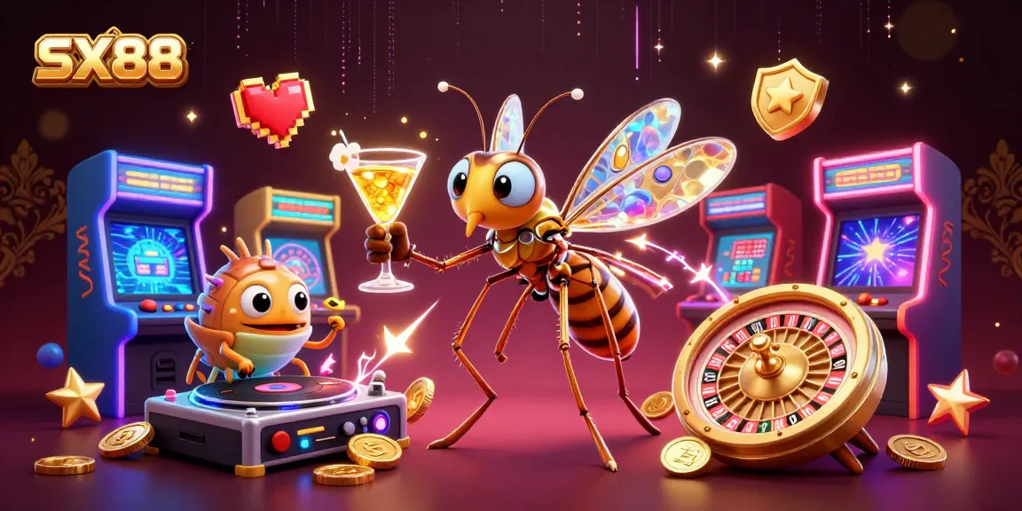 SX88 captivates with a lively casino scene featuring a vibrant mosquito mascot and fossil DJs spinning excitement.