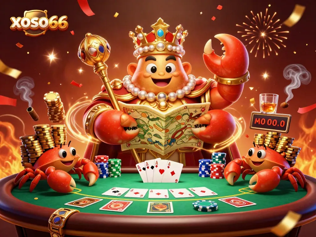 Experience the thrill of xoso66 with a vibrant casino scene featuring a golden crab emperor and poker elements.