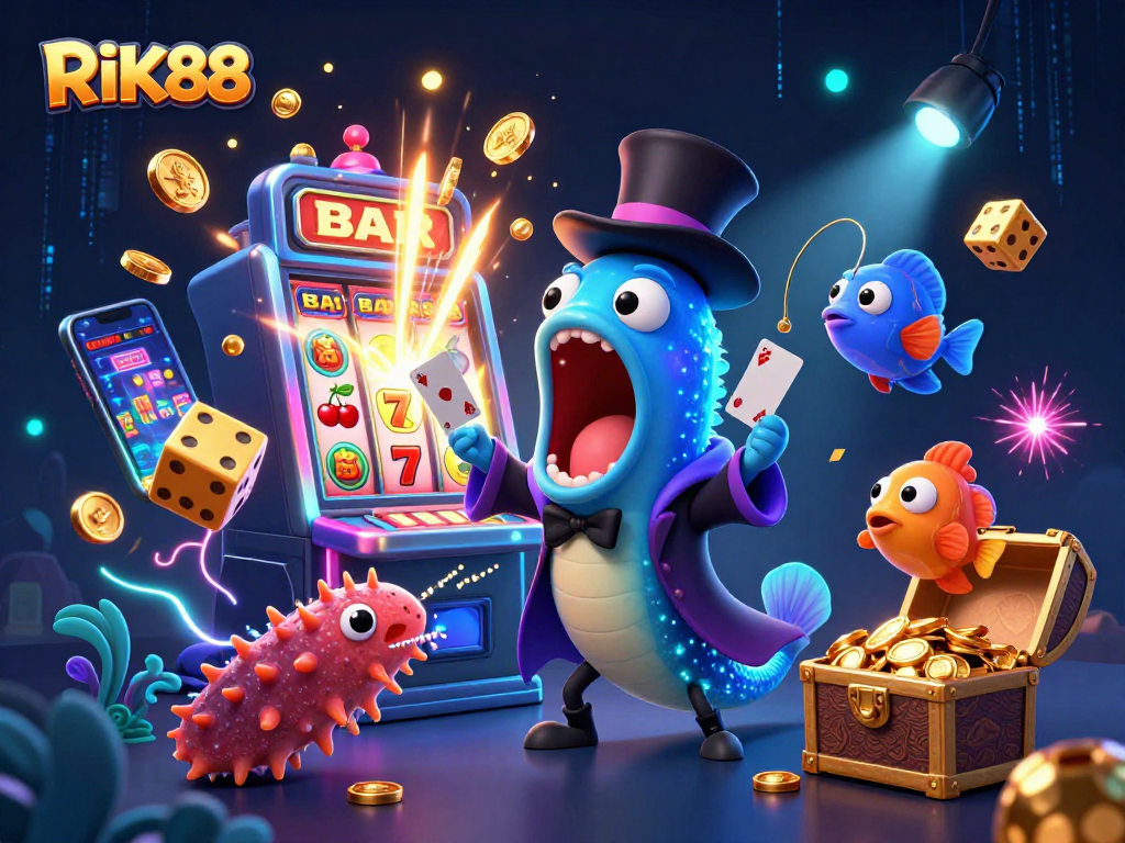 RIK88 showcases a vivid casino scene with a gulper eel magician and thrilling slot action.