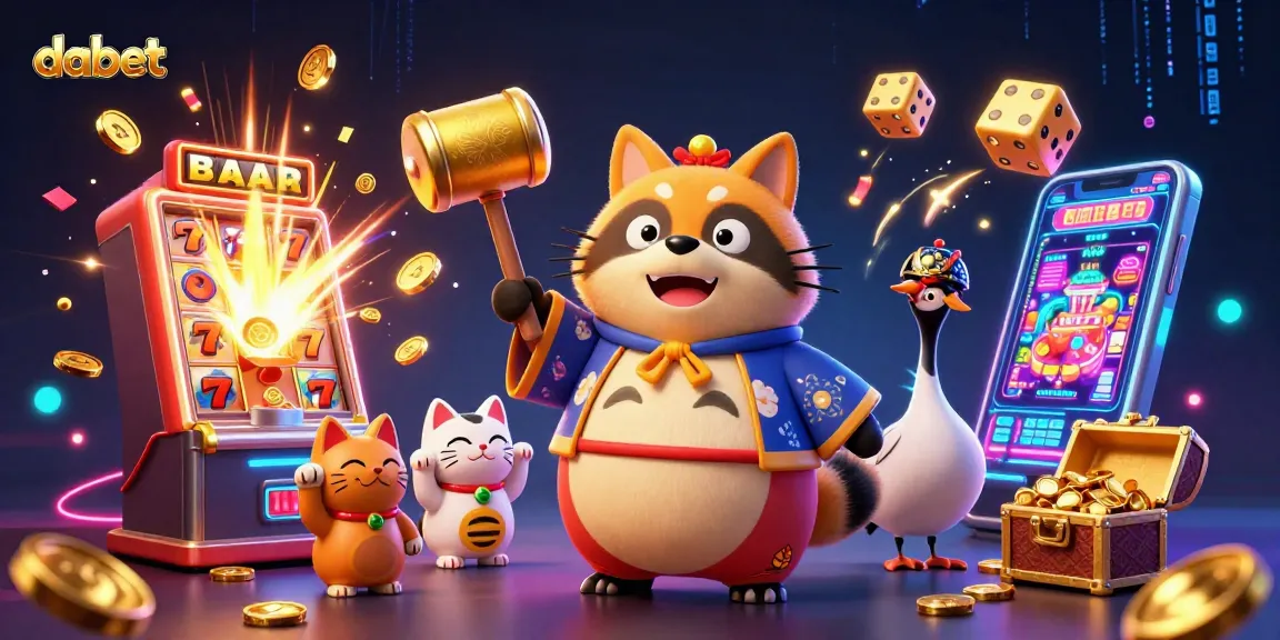 Dabet's vibrant casino scene featuring cheerful tanuki with jackpot symbols and glowing elements.