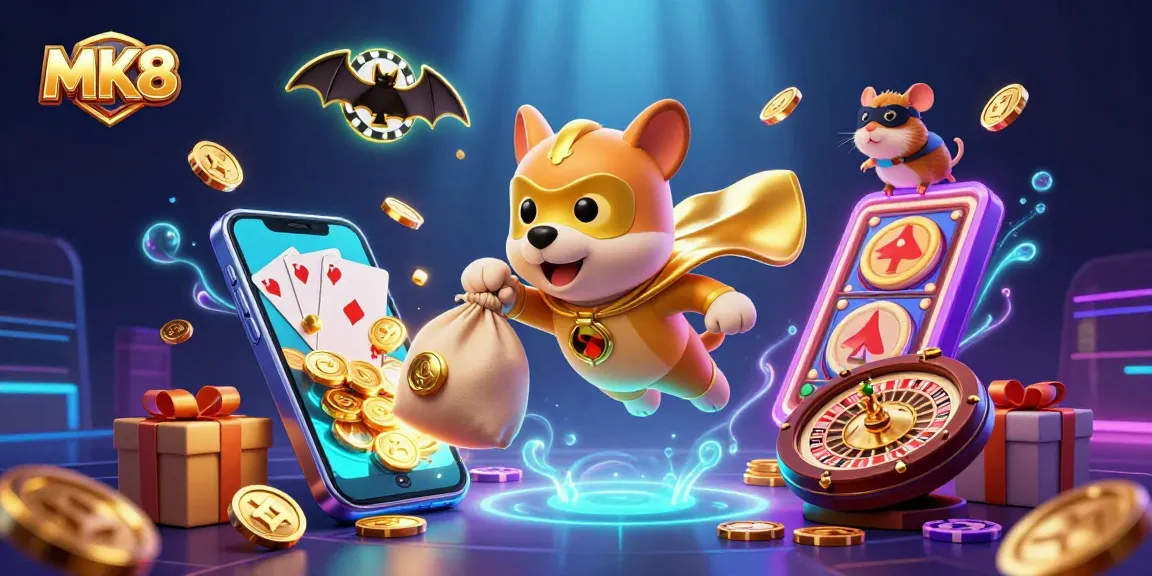 Win big with MK8: a 3D superhero dog and hamster in a casino-themed illustration.