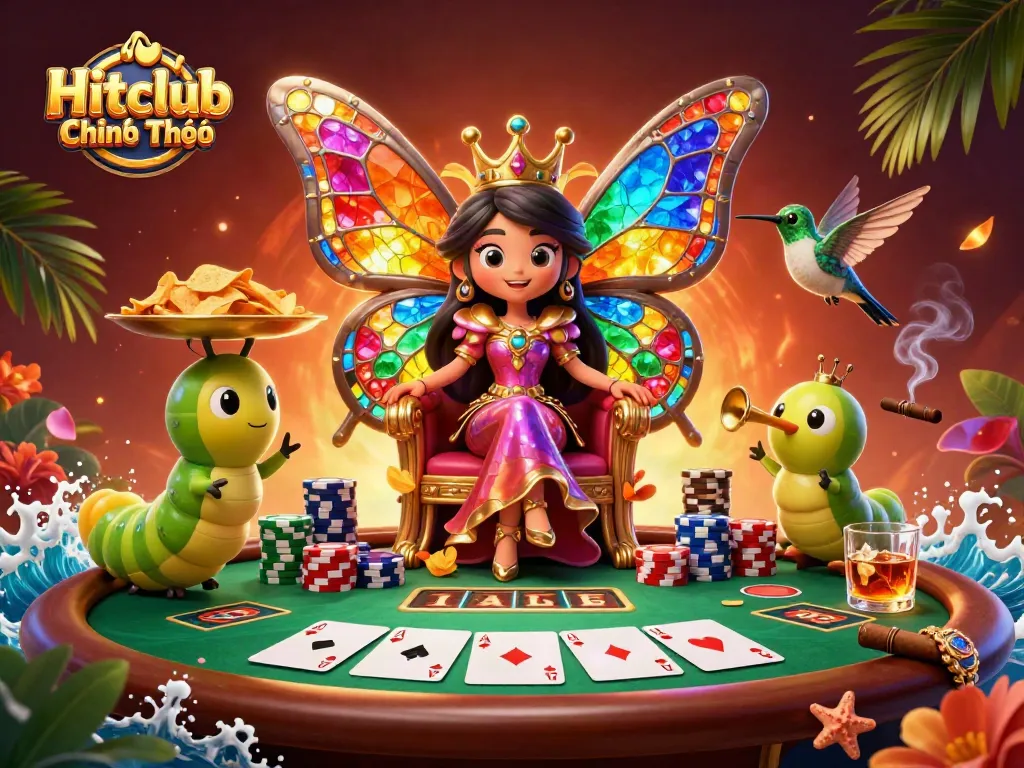 Experience thrilling gameplay at Hitclub Chính Thức with a vibrant casino scene featuring poker elements and vibrant 3D characters.