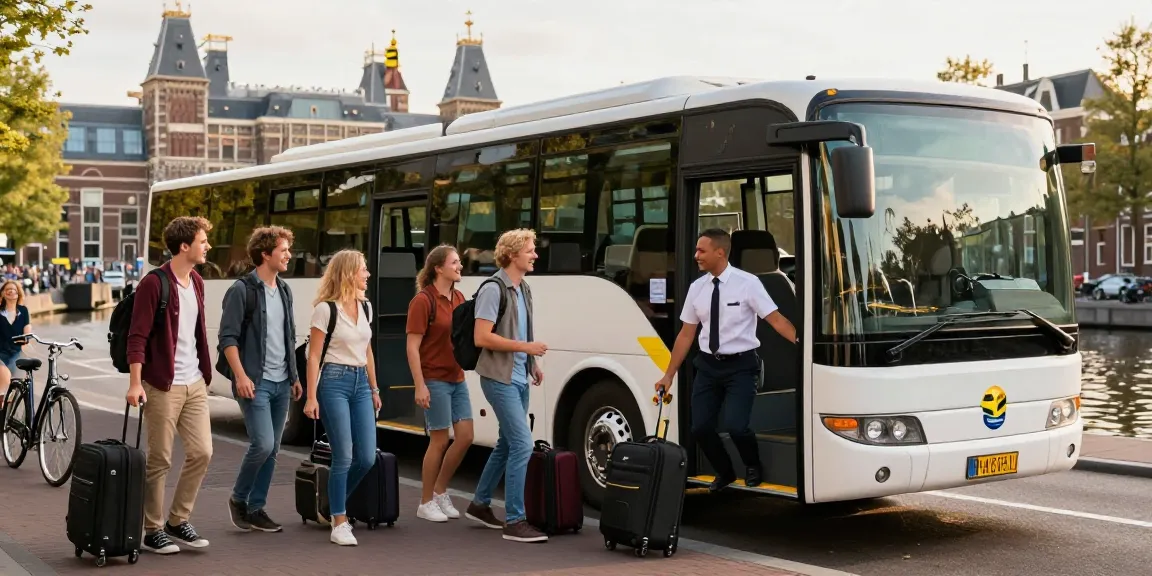 Group of travelers boarding a taxi bus in Amsterdam, showcasing a vibrant city atmosphere.