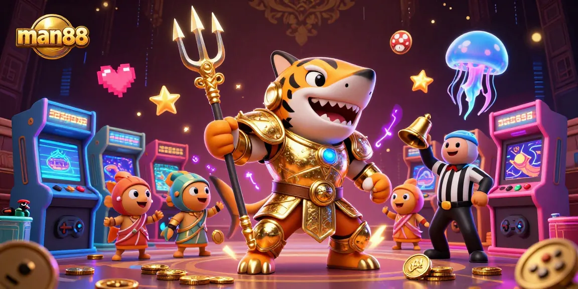 Experience thrilling gameplay at man88 with a fierce tiger shark in a vibrant underwater casino.