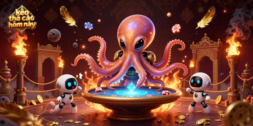 Experience kèo nhà cái hôm nay with a vibrant alien octopus operating a holographic poker table in a dynamic casino setting.