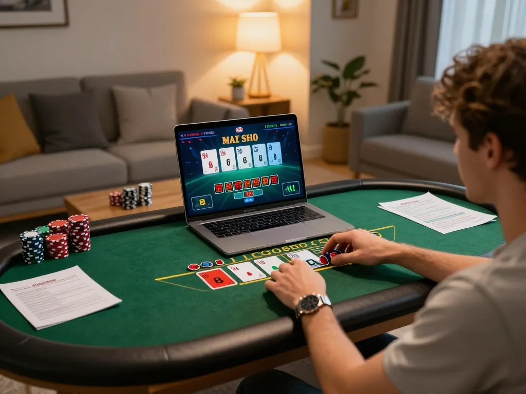 Player enjoying ku bet blackjack on laptop with strategies noted, showcasing online gaming ambiance.