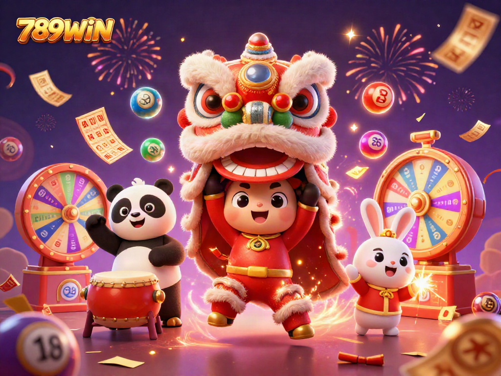 Experience the excitement of 789WIN with dynamic lottery elements in a lively festival scene.