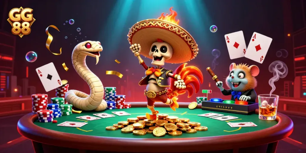 Experience GG 88's vibrant casino scene featuring lively characters and poker elements.