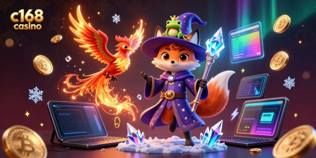 Experience excitement with the c168 casino as mystical characters engage with cryptocurrency elements.