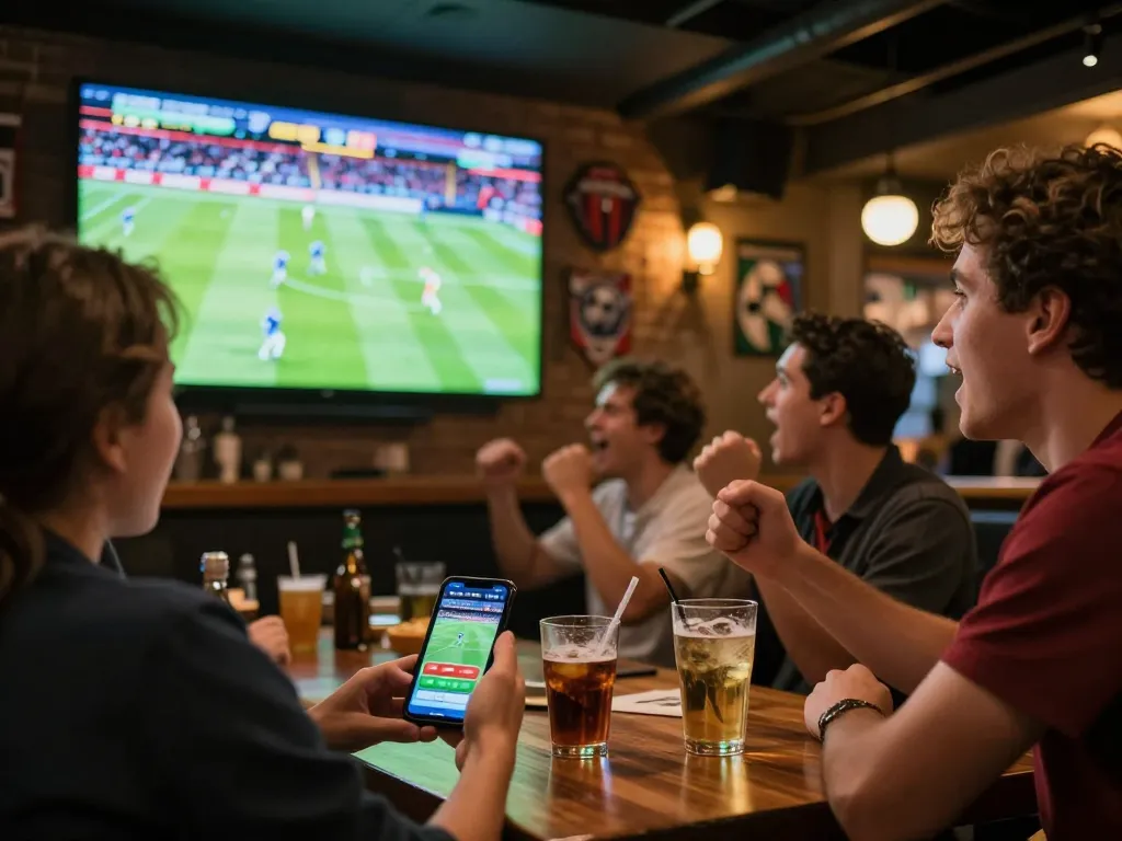 Cheering friends engaging in sports betting while monitoring ty le keo nha cai on their smartphone during a live match.