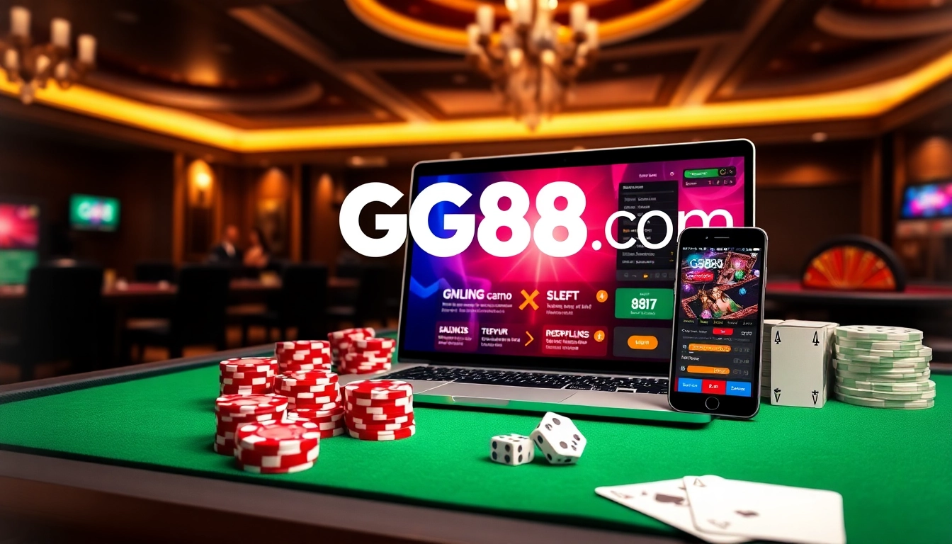 Experience vibrant online gambling at gg88 com with engaging poker chips, cards, and a lively casino atmosphere.