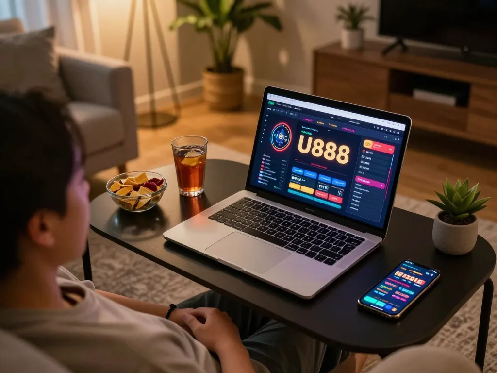 Person enjoying U888 online betting on laptop in a cozy home setup