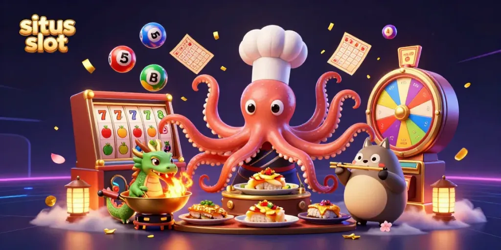 Engage with the thrilling world of slots at situs slot, featuring a dynamic scene with an octopus chef and exciting game elements.