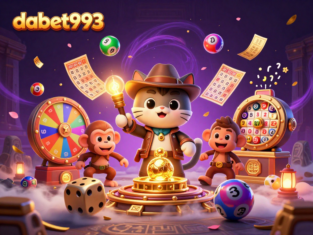 Experience the thrilling adventures of dabet993 with an archaeologist cat exploring a golden casino artifact amidst dynamic lottery elements.