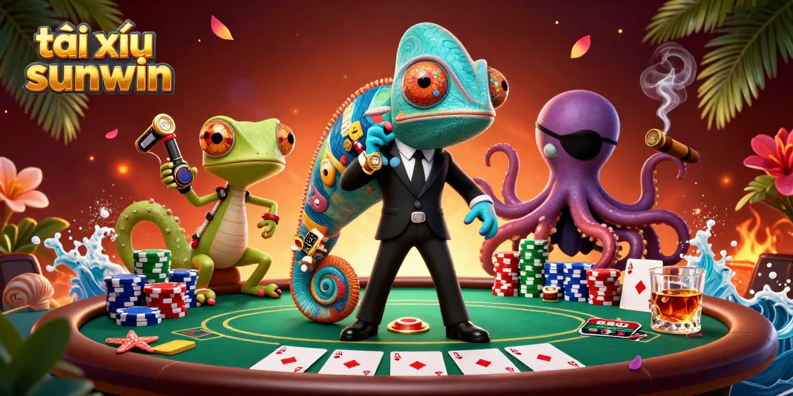 Engage in tài xỉu sunwin while witnessing a colorful scene of 3D cartoon characters and poker action.