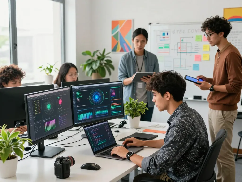 Developers collaborating in modern workspace on juicy ai projects with data visualizations.