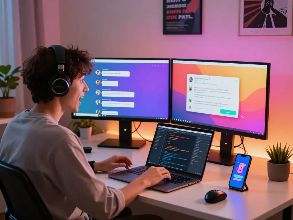 Interactive digital workspace showcasing a user enjoying spicy chat AI conversations with vibrant chat interfaces and tech gadgets.