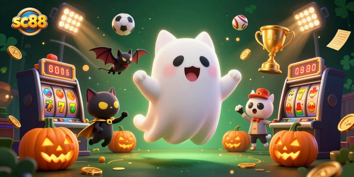sc88 gaming scene featuring a ghost cat in a haunted casino with sports elements.