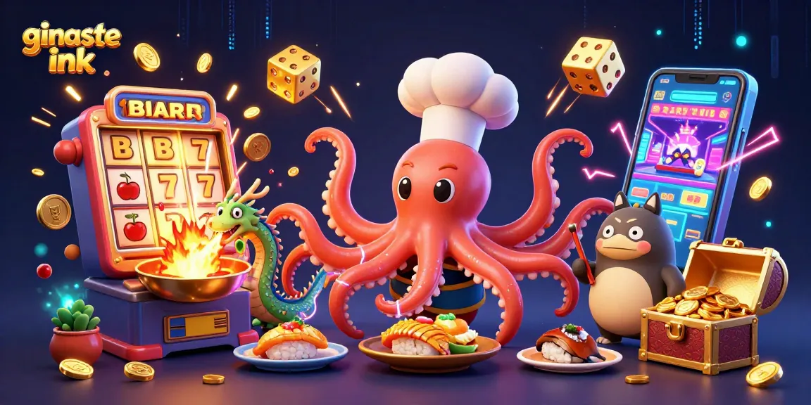 Experience ginaste ink's vibrant slot action with an octopus chef and dragon in a lively casino scene.