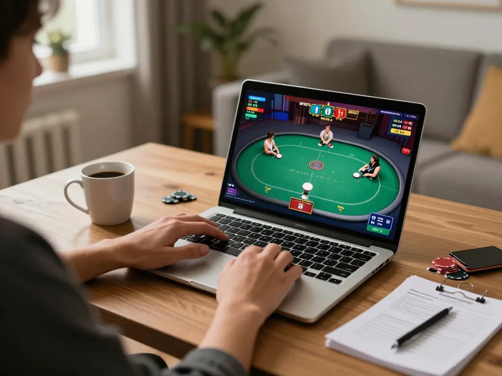 Engaging in online poker at home with ae888a ru com on screen, displaying competitive gameplay strategies.