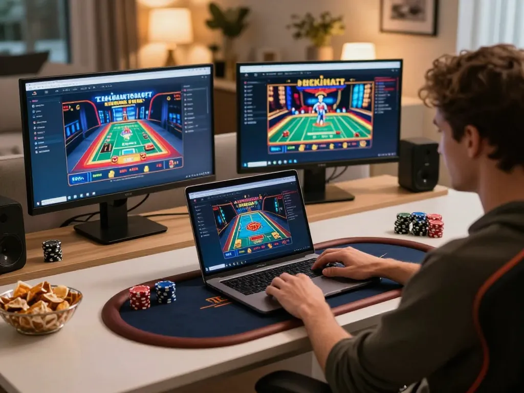 Engaged player strategizing online poker using the GA88 platform from a stylish home office.