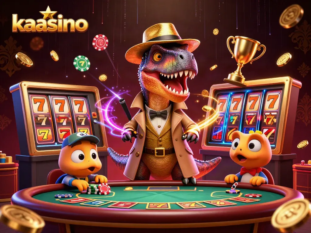 Engage with kaasino's exciting gaming scene featuring a clever velociraptor at the blackjack table.