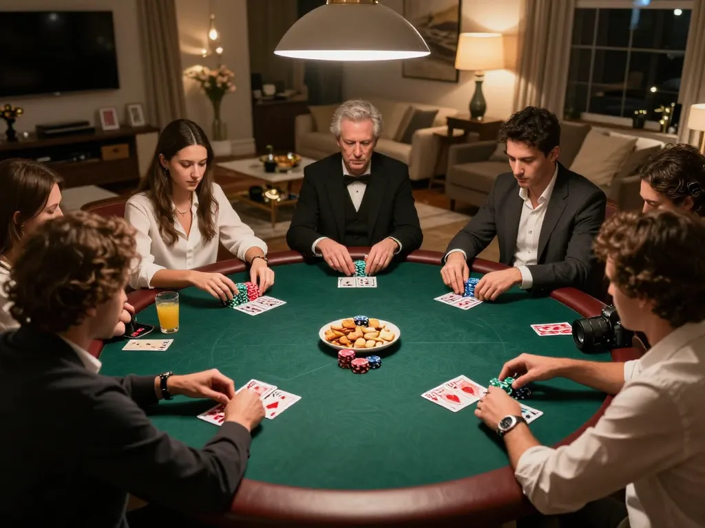 Players enjoy 789 bet at home poker night around an elegant table with vibrant chips stacked high.