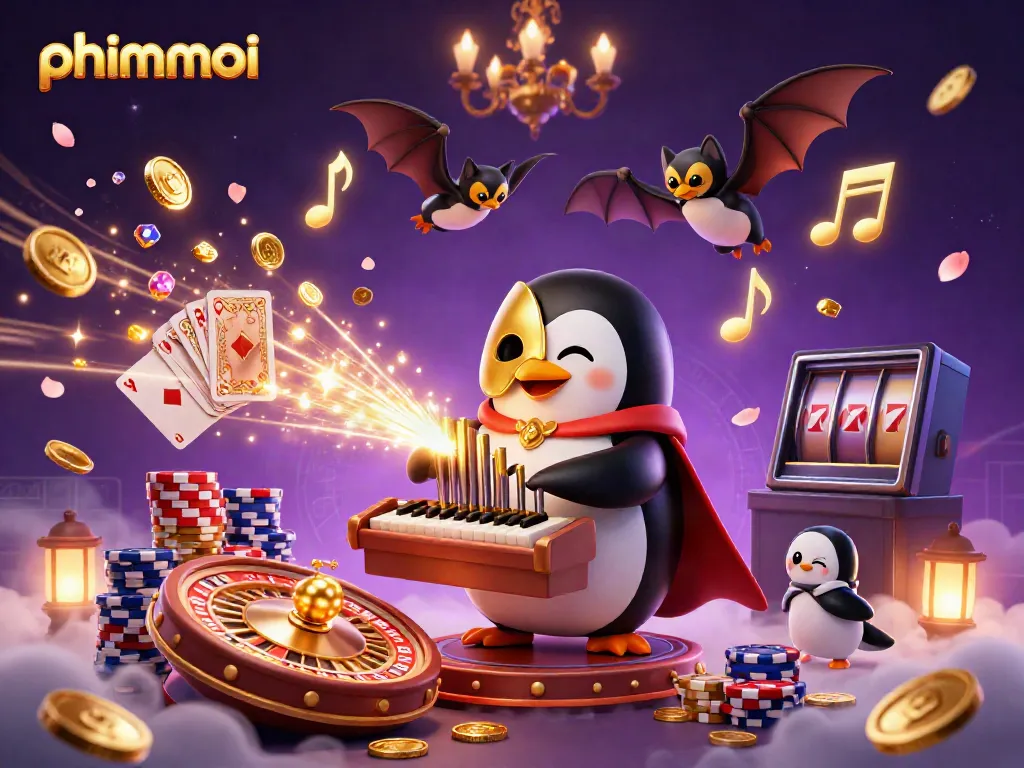 Engage in thrilling gameplay with our unique phantom penguin organist amid sparkling casino elements.