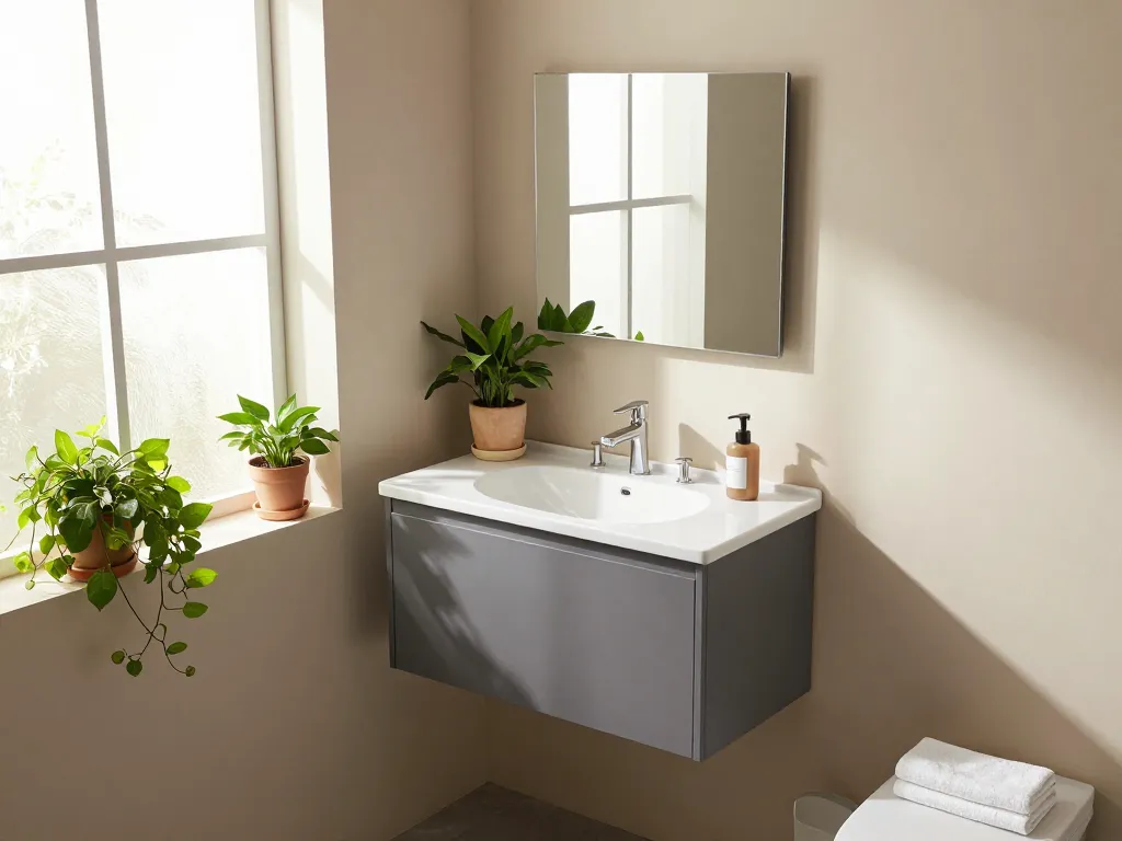 Moderne kleine badkamermeubel in een smalle badkamer met natuurlijk licht en stijlvolle accessoires.