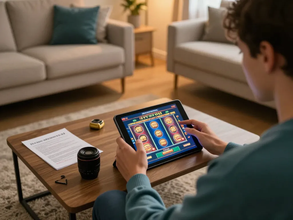 Engaged player at the trang chủ jun88 exploring online casino games on a tablet in a cozy home environment.